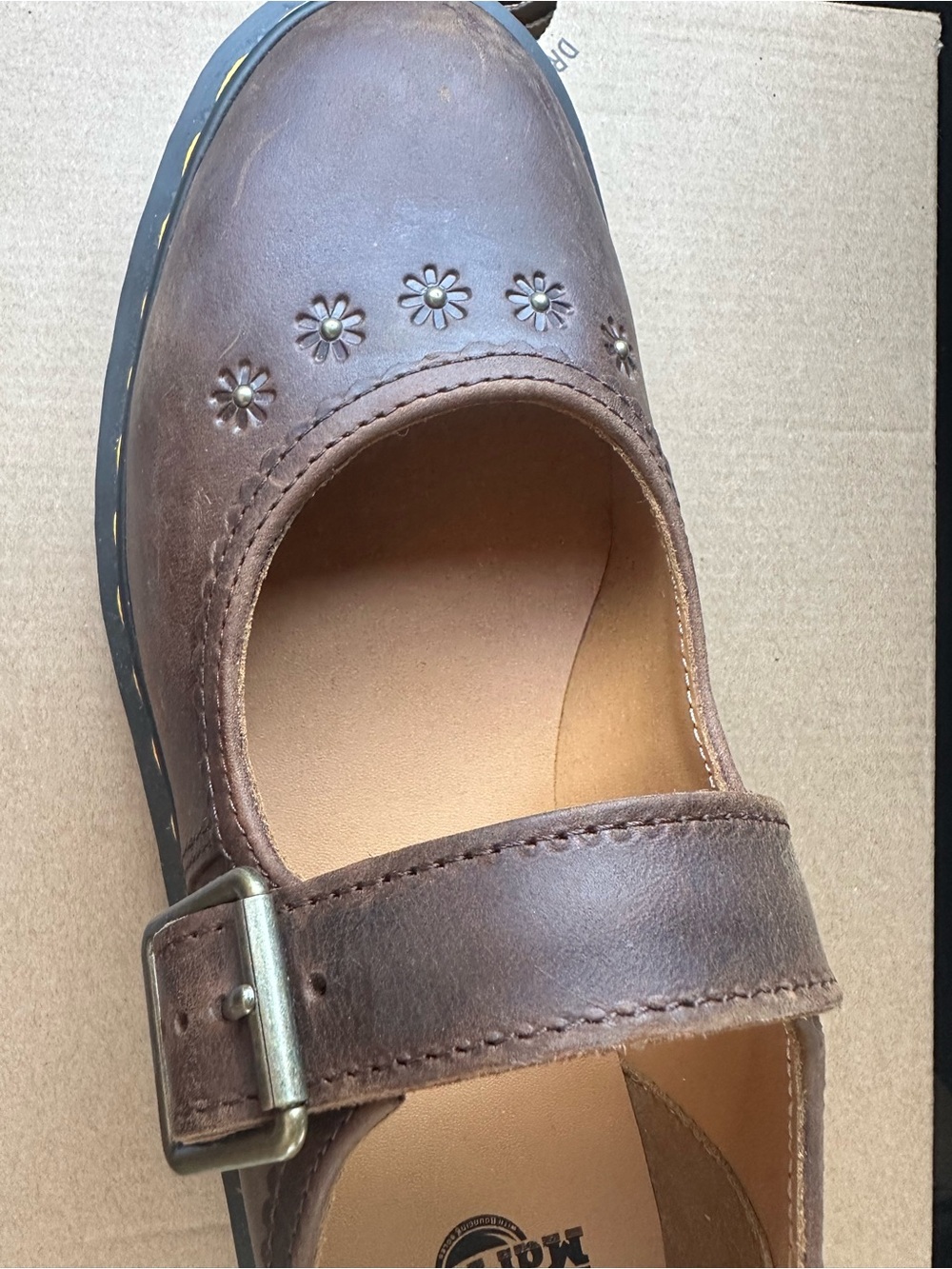 Classic Brown Leather Mary Jane with Floral Stud Details